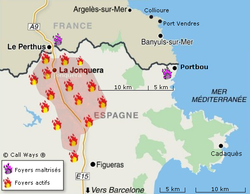 carte des incendies du Perthus à Figueras juillet 2012